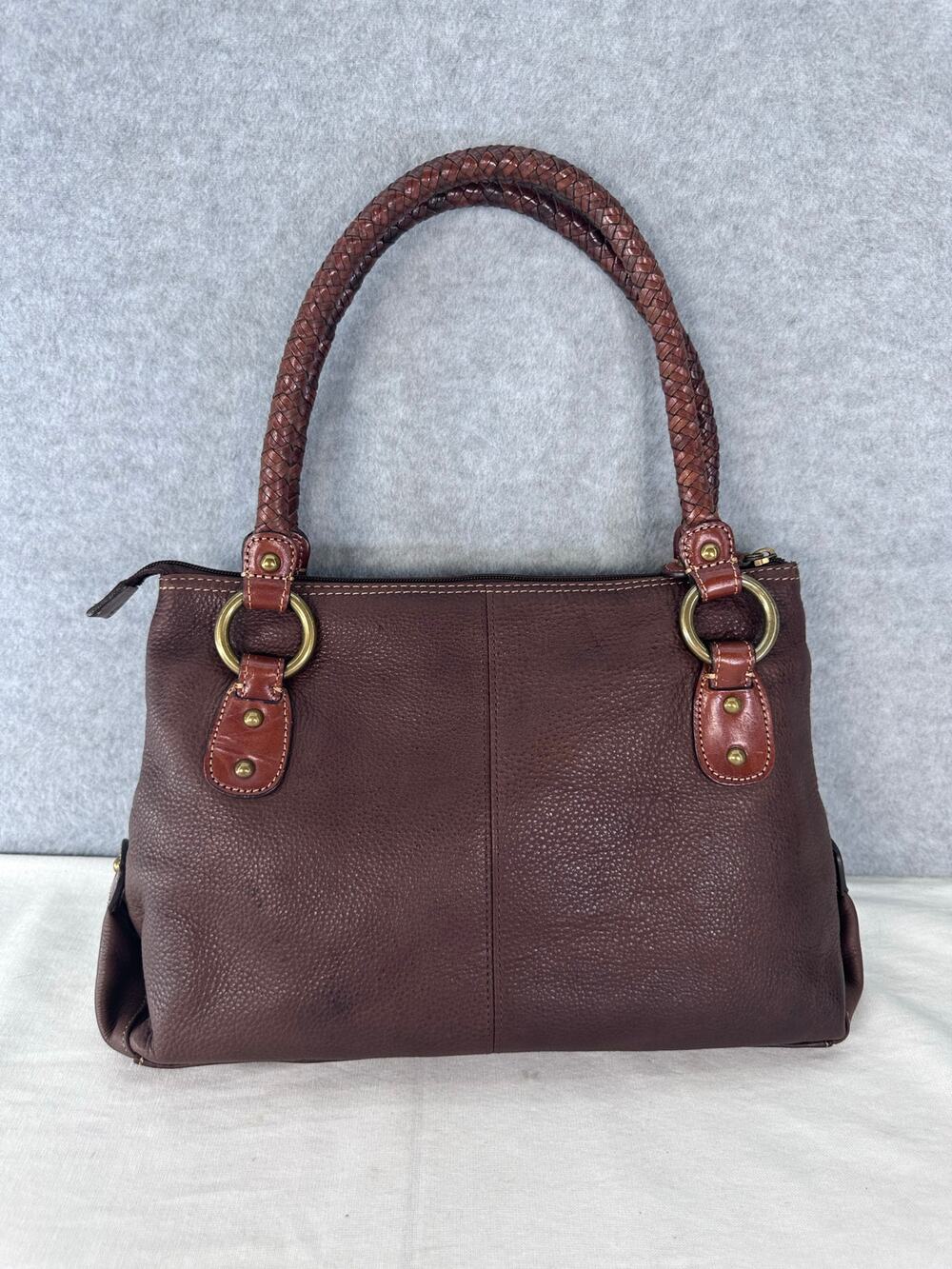 VTG Fossil Brown Pebbled Leather Braided Strap Shoulder Bag BOHO Classic Tote